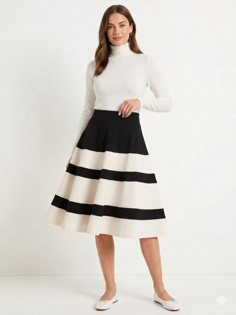 Joseph Ribkoff Black and Cream A-Line Striped Midi Skirt